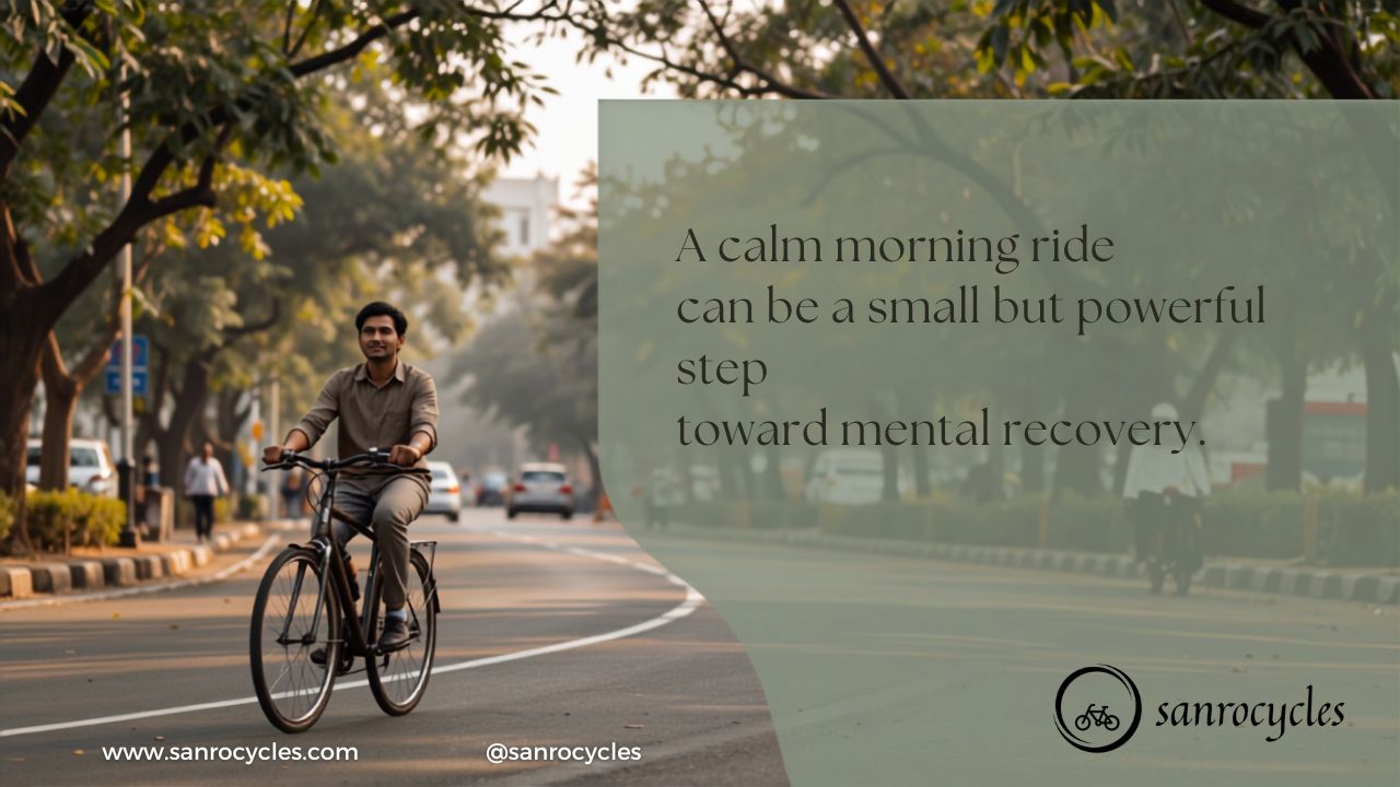 Adult cycling on a tree-lined Pune road during morning light for mental recovery