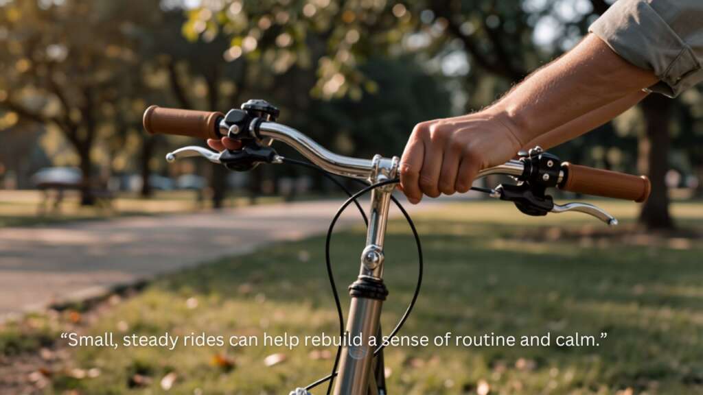 Close-up of hands on bicycle handlebars during a calming ride in a Pune park