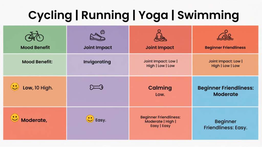 Visual comparison of cycling, running, yoga, and swimming for mental health benefits