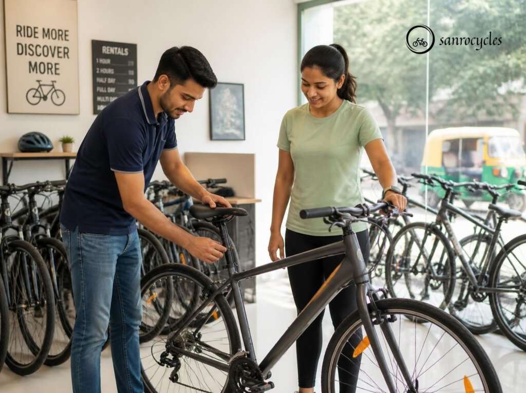 Staff adjusting a rental bicycle saddle for a customer in Pune