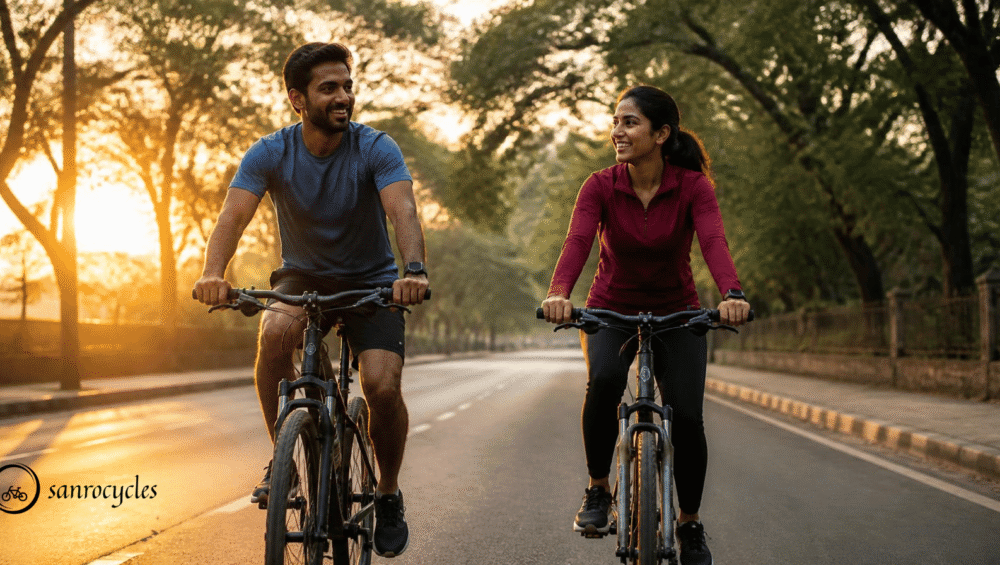 Two riders on rented geared bicycles cycling on a tree-lined road in Pune at sunrise