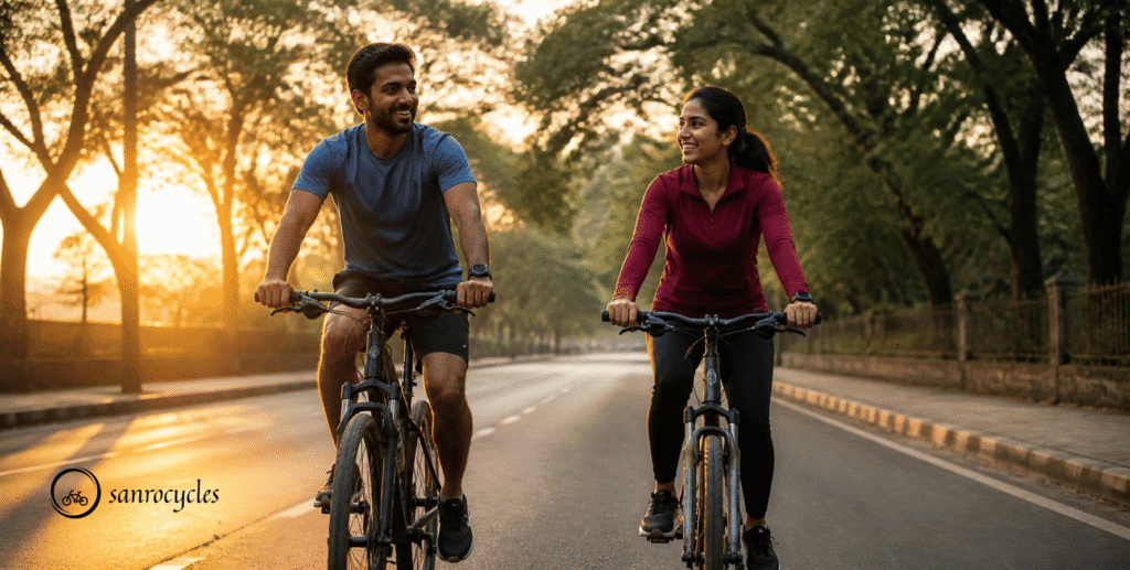 Two riders on rented geared bicycles cycling on a tree-lined road in Pune at sunrise
