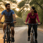 Two riders on rented geared bicycles cycling on a tree-lined road in Pune at sunrise