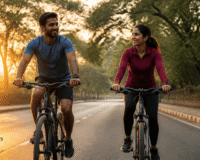 Two riders on rented geared bicycles cycling on a tree-lined road in Pune at sunrise