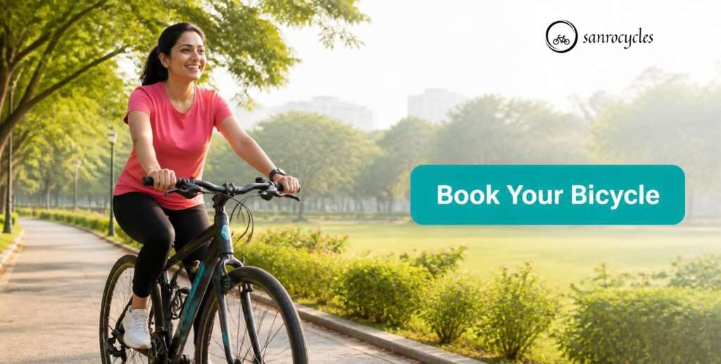 Rider on a rental bicycle with a call to book a bicycle in Pune