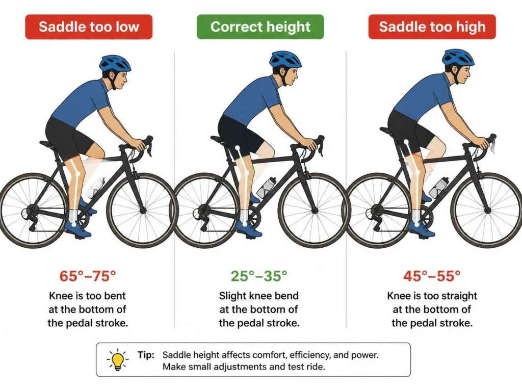 Diagram comparing low, correct, and high saddle height and knee angle