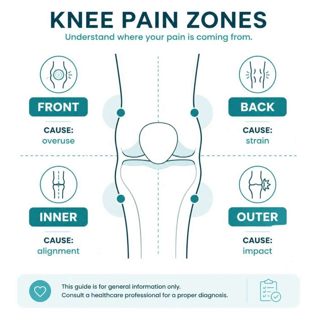 Infographic showing where knee pain occurs when cycling and common causes