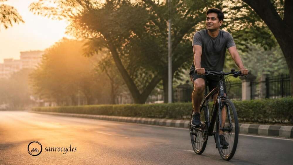 Cyclist riding a hybrid bicycle comfortably on a Pune road at sunrise