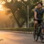 Cyclist riding a hybrid bicycle comfortably on a Pune road at sunrise