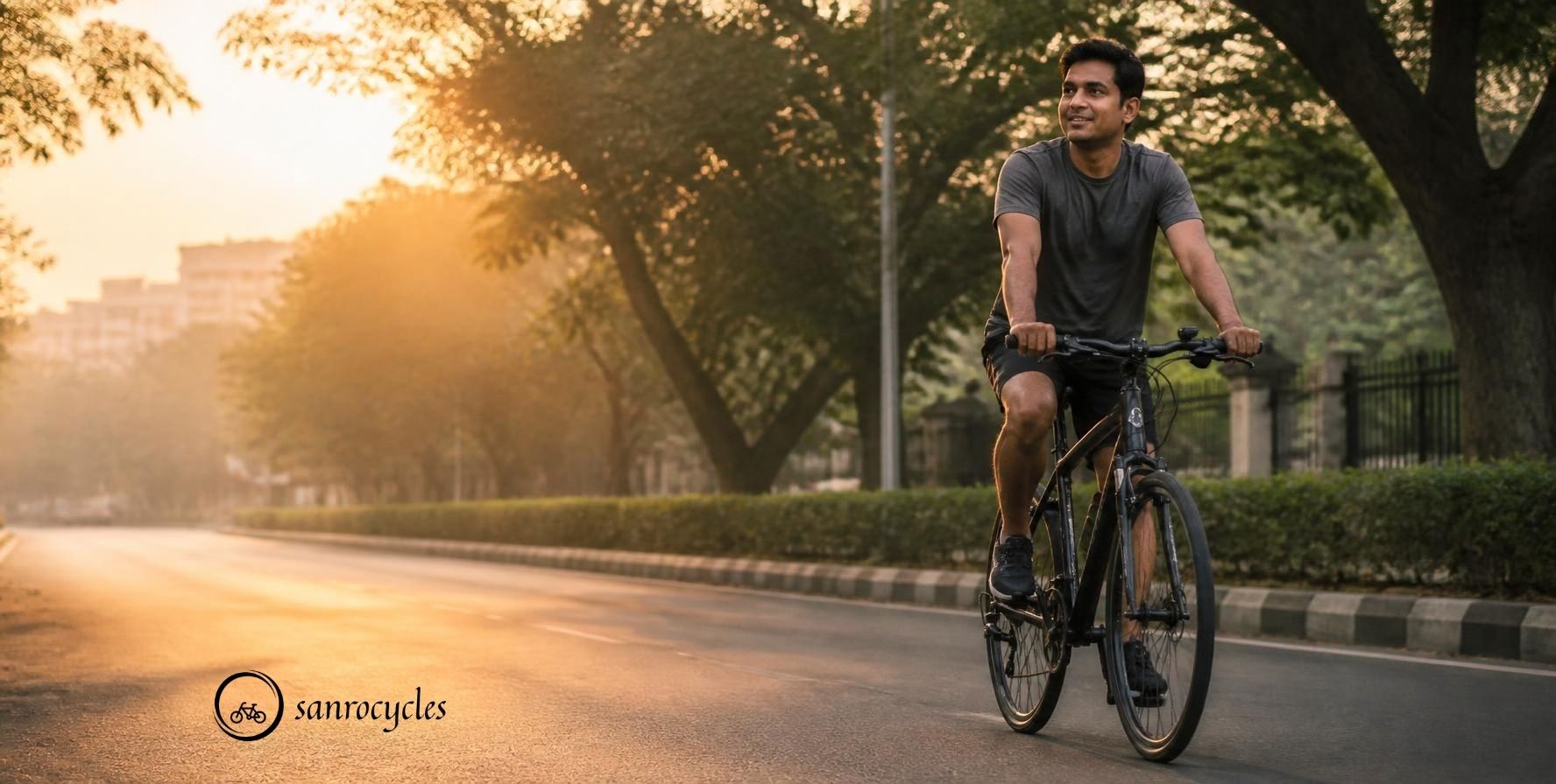 Cyclist riding a hybrid bicycle comfortably on a Pune road at sunrise