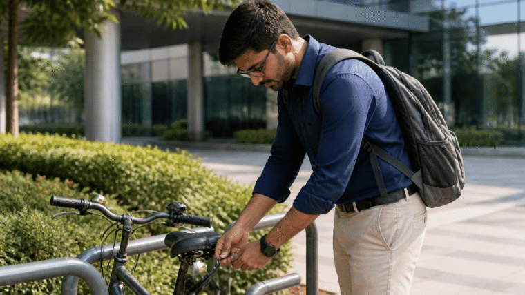Office commuter parking a personal bicycle outside an IT park in Hinjawadi, Pune