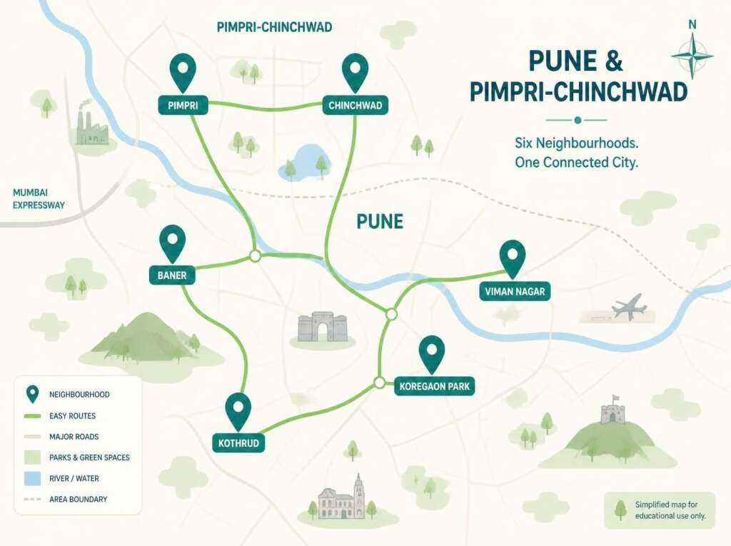 Illustrated map of easy cycling areas across Pune and PCMC