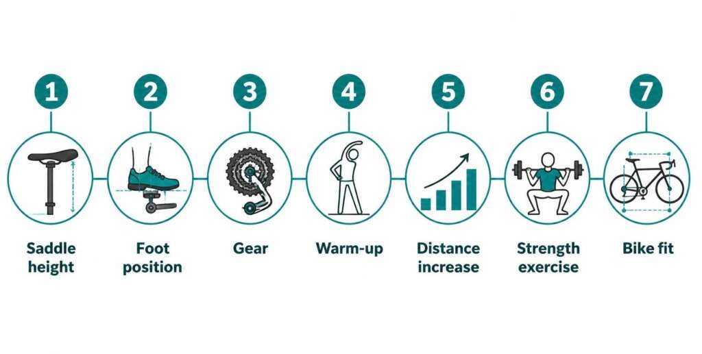Seven-step infographic on how to reduce knee pain while cycling