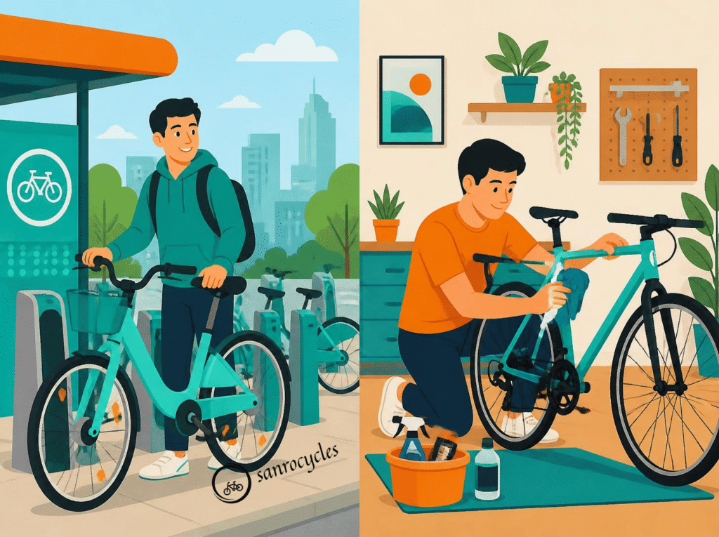 Illustration comparing renting a bicycle with owning one at home